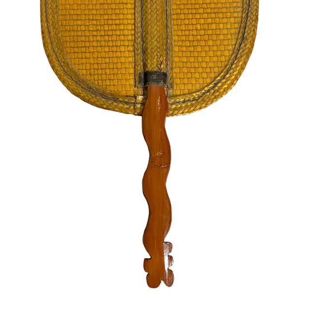 Vintage Woven Rattan Hand Fan With Carved Wooden Handle For Sale - Image 6 of 7