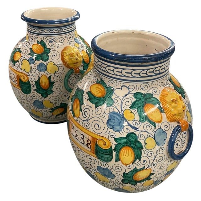 A Pair of Vintage Italianate Majolica Ceramic Urns With Putti & Lion Ring Handles For Sale - Image 4 of 10