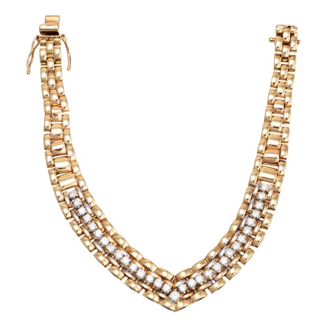 80s Vintage 1.11ct Diamond v Bracelet 14k Yellow Gold 7" Fine Link Jewelry For Sale
