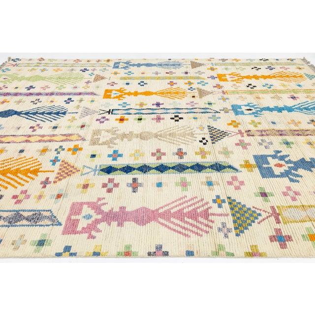 Textile Modern Moroccan Tribal Abstract Wool Rug - Colorful Geometric Hand-Knotted Art For Sale - Image 7 of 12