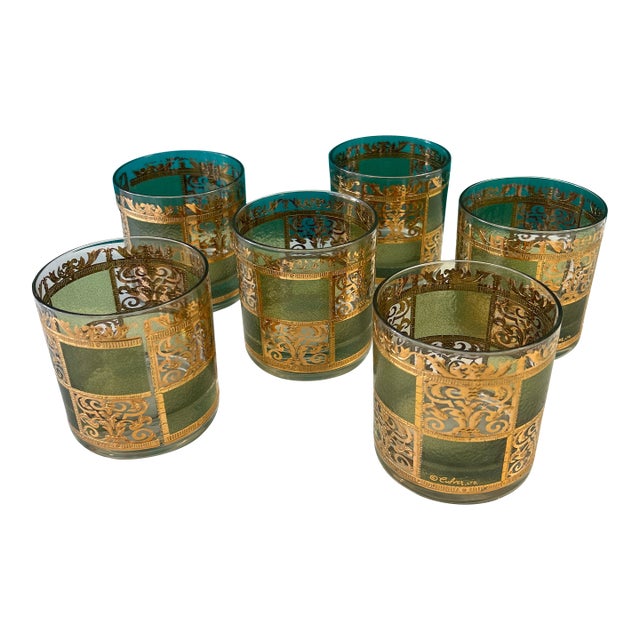 1960s Culver LTD Green and Applied Gold Lowball Cocktail Rocks Glasses - Set of 6 Signed For Sale