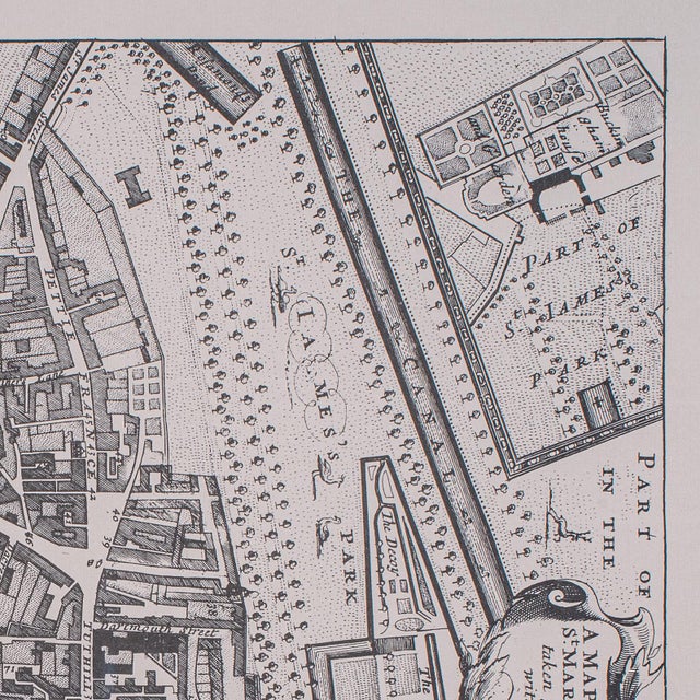 Glass Vintage 18th Century Street Map, London, Houses of Parliament, Westminster Abbey For Sale - Image 7 of 11