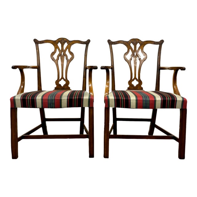 Vintage Chippendale Style Dining Arm Chairs - Pair For Sale
