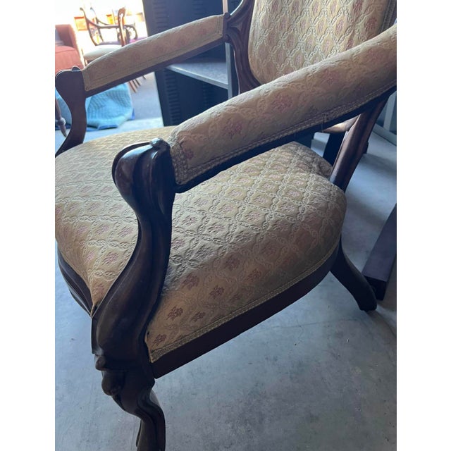 Victorian-Style Balloon-Back Parlor Armchair With Patterned Upholstery & Casters For Sale In Salt Lake City - Image 6 of 7