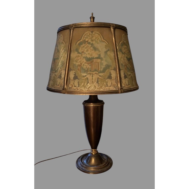 Bradley Hubbard Early 20th Century Arts& Crafts Bradley & Hubbard Table Lamp Reverse Painted Ribbed 6 Panel Scenic Glass Shade For Sale - Image 4 of 12