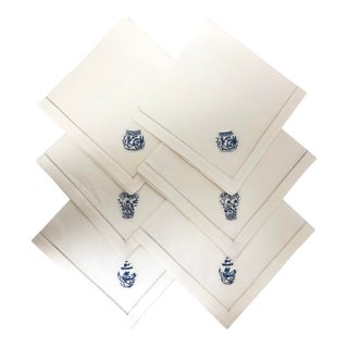 Chinoiserie Blue and White Cotton Embroidered Napkins - Set of 6 For Sale