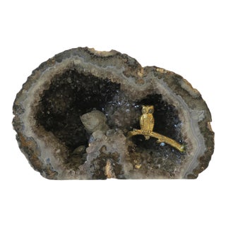 Grey Agate Crystal Geode with Perched Brass Owl Bird For Sale