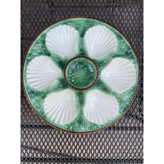 Antique 1920s French Longchamp Majolica Green and White Oyster Plate For Sale - Image 13 of 13