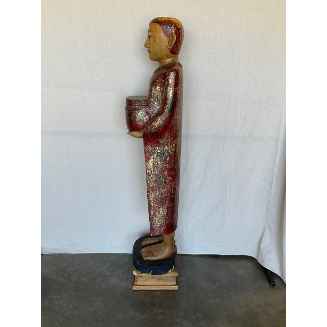 Vintage Buddha Buddhist Carved Wood Burmese Thai Monk Statue For Sale - Image 12 of 16