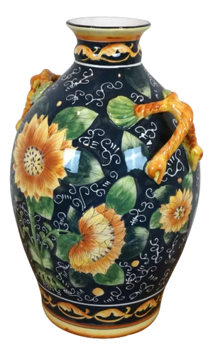 Late 20th Century Italian Style Porcelain Sunflower Vase Urn Jug Pitcher With Branch Handles