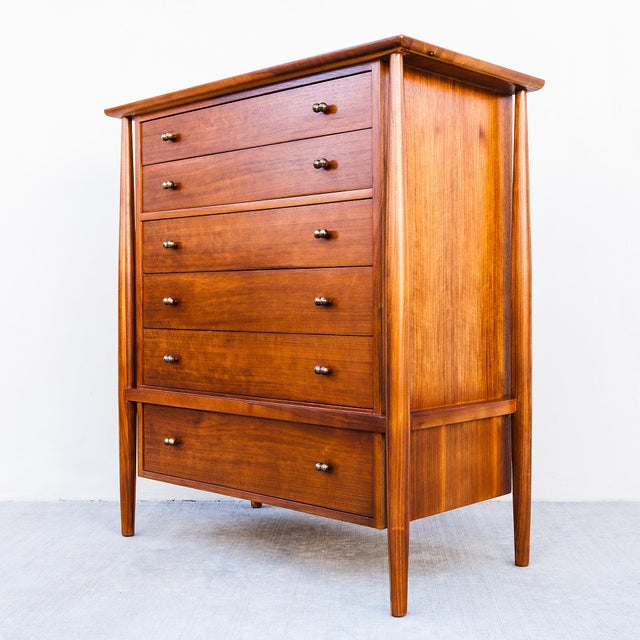 Restored 1950s Mount Airy Walnut & Brass Sculptural Mid Century Highboy Dresser, Attributed For Sale - Image 14 of 14