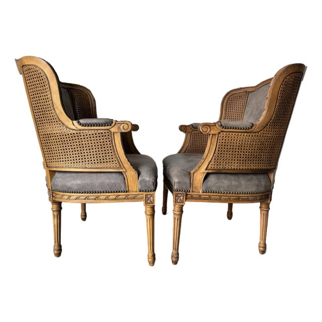 Vintage Century Furniture Louis XVI–Style Double Cane and Leather Club Chairs – A Pair For Sale