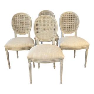 Mid 20th Century French Louis XVI Style Set of 4 Dining Chairs or Side Chairs With Caned Backs and New Upholstery For Sale