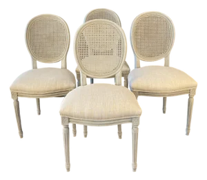 Mid 20th Century French Louis XVI Style Set of 4 Dining Chairs or Side Chairs With Caned Backs and New Upholstery