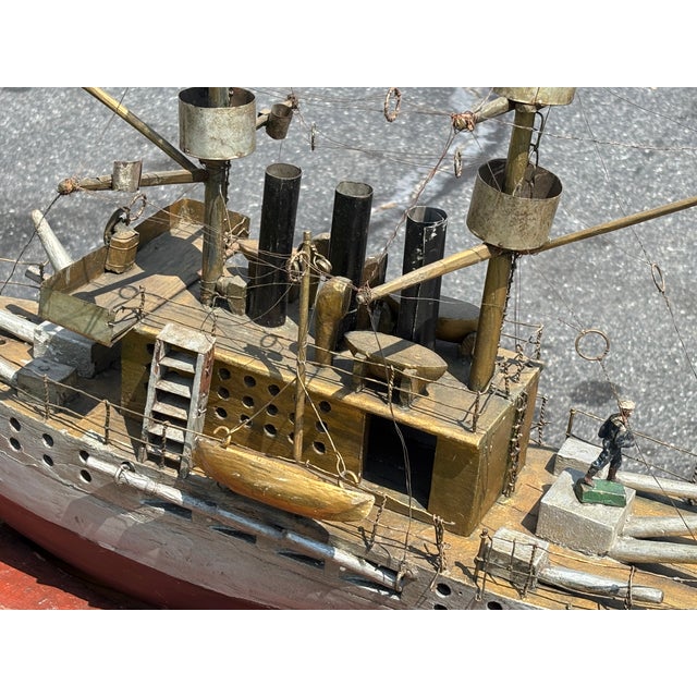 Late 19th C. American Primitive Folk Hand-Crafted Battleship Model on Base For Sale - Image 12 of 17