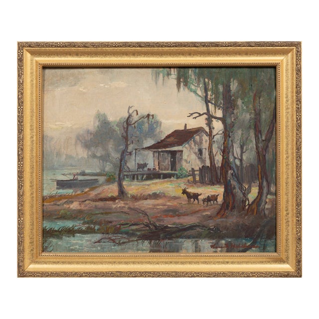 Early 20th Century Louisiana Swamp Cabin With Goats (Original Oil Painting), Knute Heldner For Sale