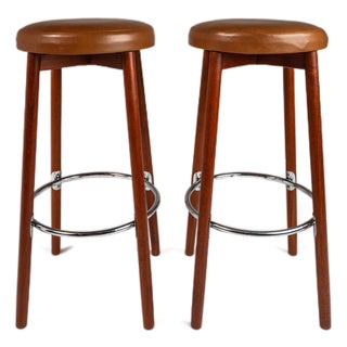 Set of Two (2) Danish Modern Barstools in Solid Teak & Leather by Hugo Frandsen for Spøttrup Mobler, Denmark, C. 1960's For Sale