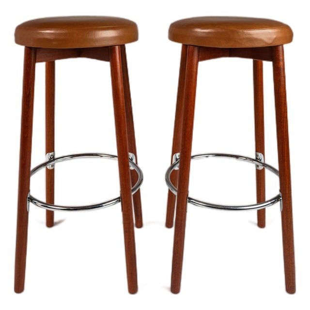 Set of Two (2) Danish Modern Barstools in Solid Teak & Leather by Hugo Frandsen for Spøttrup Mobler, Denmark, C. 1960's For Sale