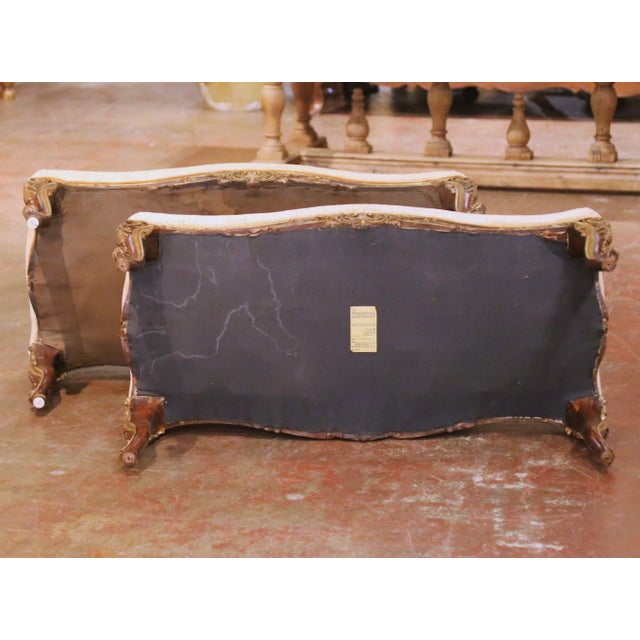 Tan Pair of 19th C. French Louis XV Painted Walnut Benches With Gold Leaf Accents For Sale - Image 8 of 8