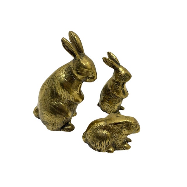 Vintage brass bunny rabbit figurine family set of 3 Solid brass Felt underside