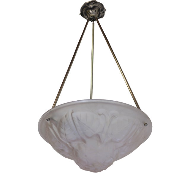 Antique Art Deco Art Nouveau Floral Pendant Chandelier in Soft Pink by Degue, 1930 For Sale