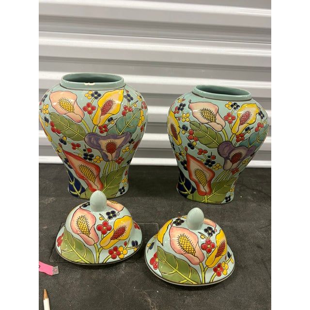 Ceramic Hand Painted Floral Colorful Ceramic Ginger Jars With Lids - A Pair For Sale - Image 7 of 8