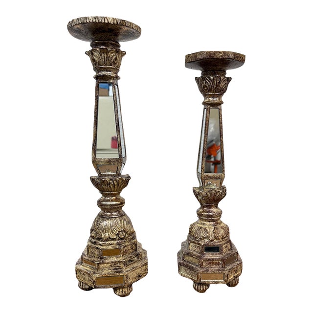 Neoclassical Revival Mirrored Column Candleholders, Pair For Sale