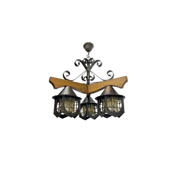 Mid-Century Modern Wrougt Iron and Wood Pendant Lamp, 1970s For Sale - Image 4 of 12