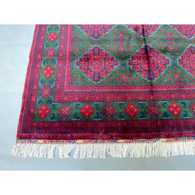 5′0″ × 7′0″ Hand-Knotted Afghan Wool Rug in Red & Green — Turkoman Tribal Design With Diamond Motifs For Sale - Image 4 of 6