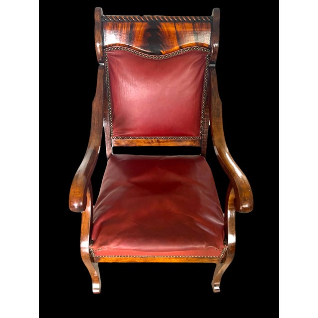 Antique Empire Flame Mahogany & Ox Blood Red Leather Library Armchair, Late 19th. Century Chair For Sale - Image 10 of 14