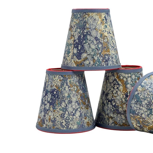 Contemporary Periwinkle and Gold Marbled Paper Chandelier Shade - 3”x4”x4” For Sale - Image 3 of 4