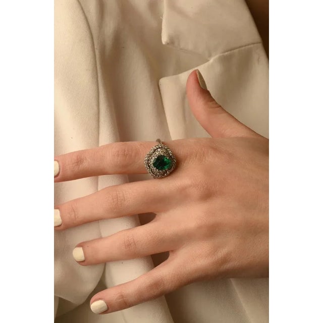 Art Deco Natural Emerald Regalia Ring With Diamonds 14k White Gold Size 7 (All Sizes Available) For Sale In New York - Image 6 of 14