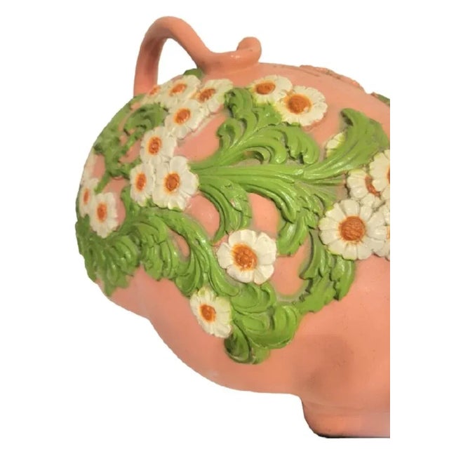 Dorothy Draper Vintage Palm Beach Regency Large Pink Green Floral Resin Pig Room Decor Bank For Sale - Image 4 of 9