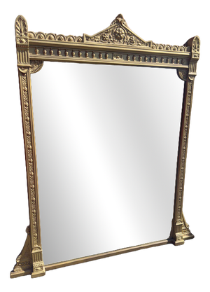Large Antique English Carved Wood and Gesso Gilt Overmantle Mirror, 1800s