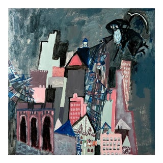 Vintage Outsider Expressionist Cityscape With Wizard (Mixed Media on Museum Board) For Sale
