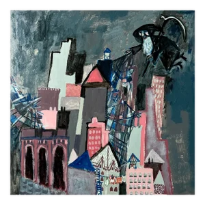 Vintage Outsider Expressionist Cityscape With Wizard (Mixed Media on Museum Board)