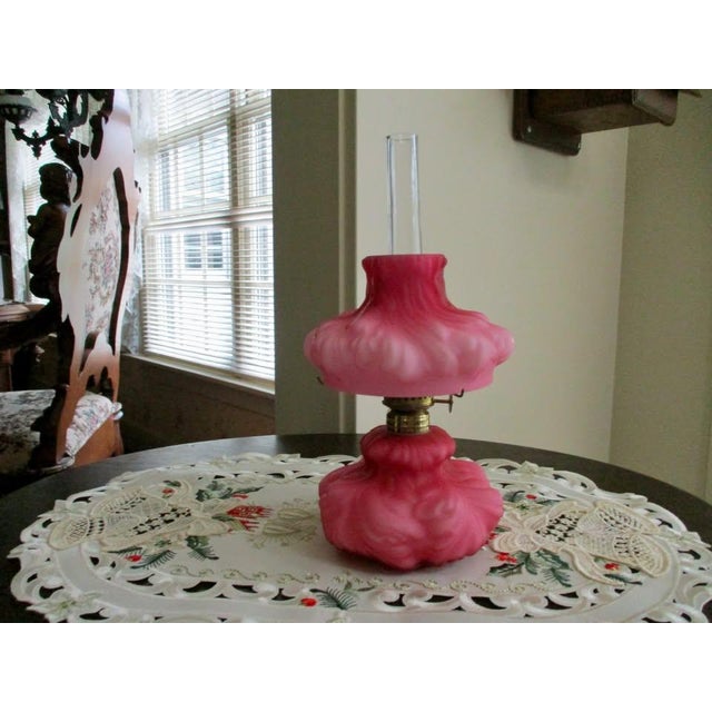 Vintage Fenton Lg Wright Mini Pink Satin Puffy Plume/Rose Oil Lamp Ex Condiction For Sale - Image 9 of 9