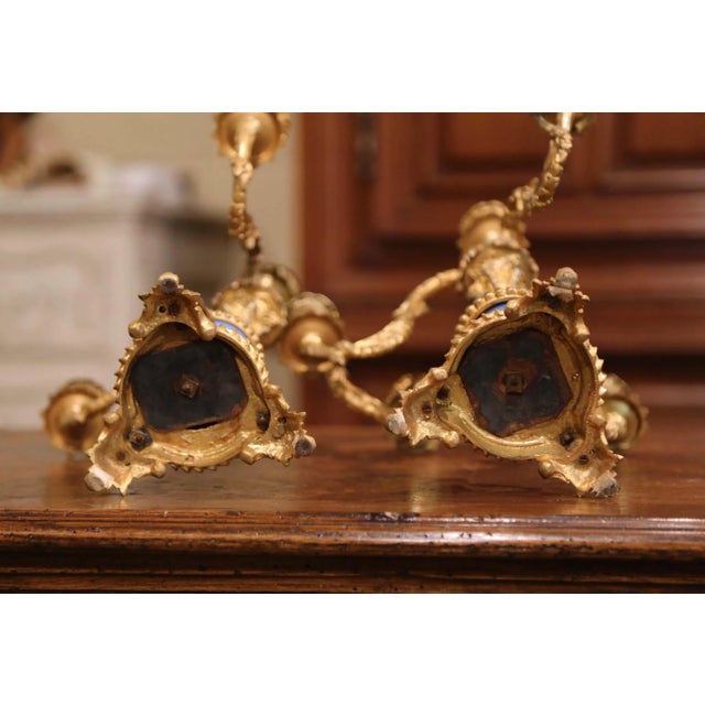 Metal Pair of 19th Century French Louis XVI Gilt Bronze and Porcelain Candelabras For Sale - Image 7 of 8