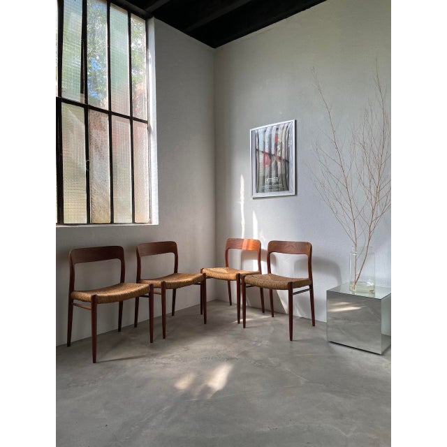 Series of four scandinavian model 75 chairs by niels o.moller for jl moller in the 1950s. entirely in solid teak, very...