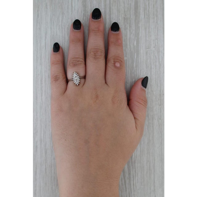 Silver 0.20ctw Diamond 3-Stone Marquise Halo Ring 14k White Gold Size 6.25 For Sale - Image 8 of 8