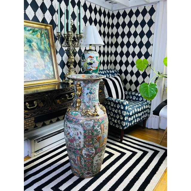 Chinese Famille Rose Floor Vases With Figural Panels and Gilt Dragon Handles, 38" For Sale - Image 14 of 18