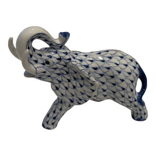 Vintage Herend Style Andrea by Sadek Blue White Fishnet Elephant Porcelain Figurine For Sale