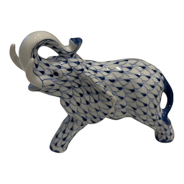 Vintage Herend Style Andrea by Sadek Blue White Fishnet Elephant Porcelain Figurine For Sale