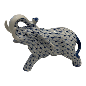 Vintage Herend Style Andrea by Sadek Blue White Fishnet Elephant Porcelain Figurine