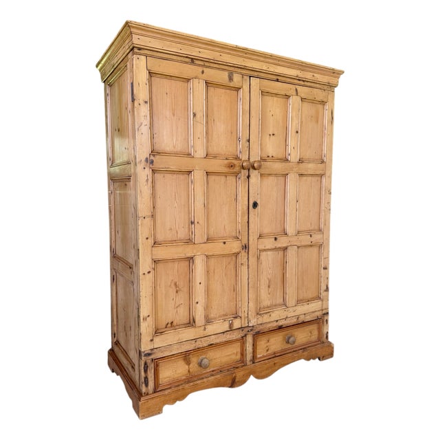 19th Century European Country Pine Two-Door Armoire With Raised Panel Doors For Sale