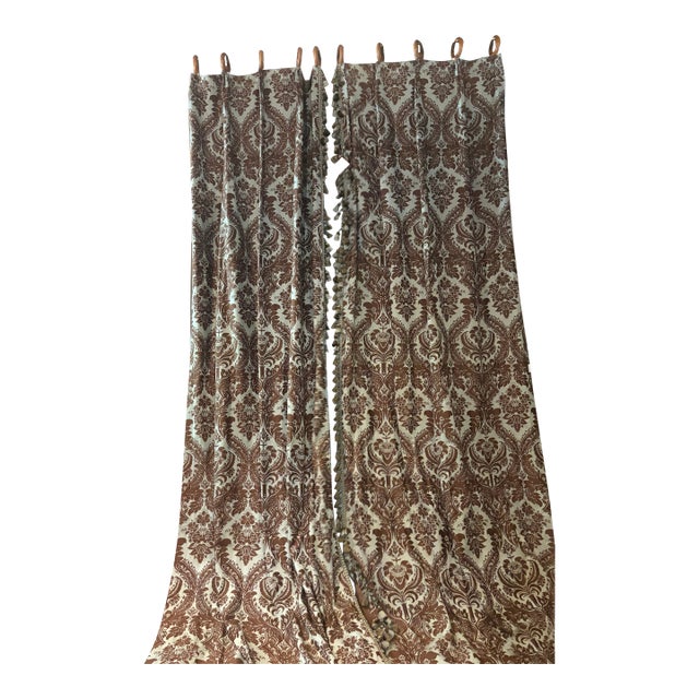 Brown and Light Blue Brocade Curtains For Sale