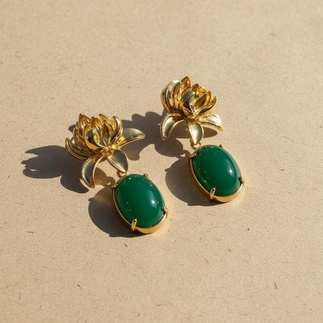 Metal Lotus Green Onyx Drop Earrings For Sale - Image 7 of 8