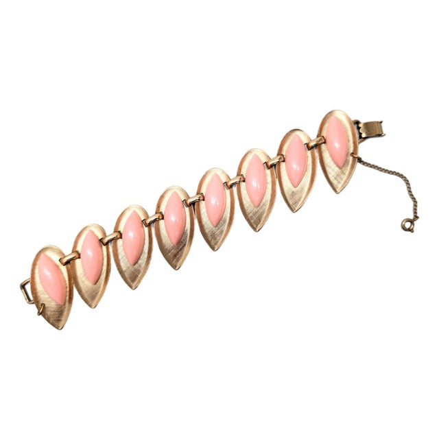 Vintage 1950s Signed Napier Goldtone Pink Resin Bracelet For Sale