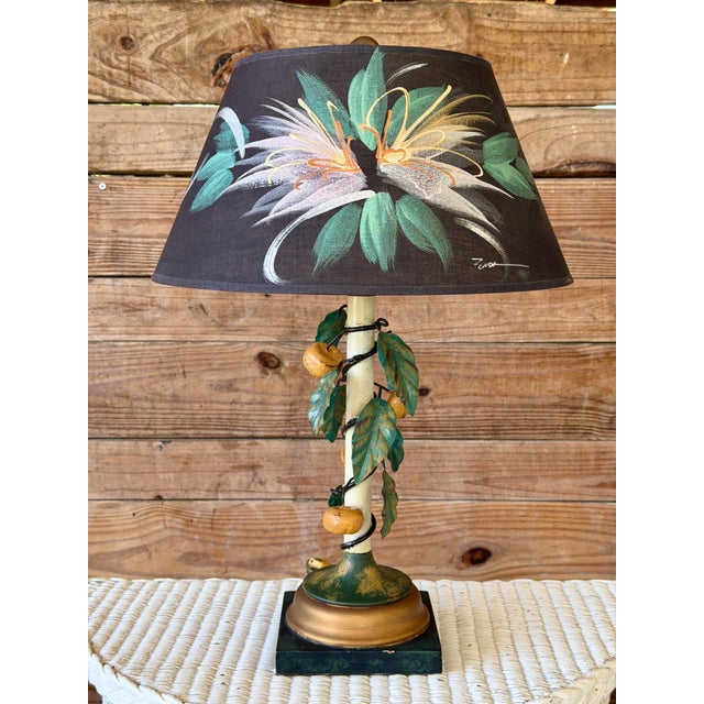 Vintage Italian Tole Lemon Table Lamp by Sarreid With Hand Painted Signed Shade For Sale - Image 12 of 12