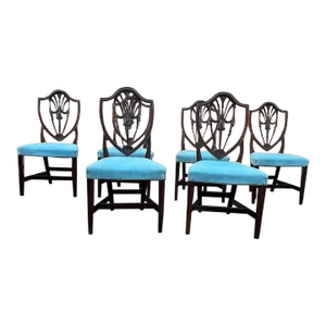 Early 20th Century Set of 6 Antique Hepplewhite Style Mahogany Hand Carved Shield Back Dining Chairs